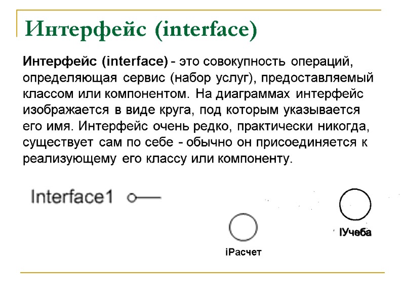Интерфейс (interface)  Интерфейс (interface) - это совокупность операций, определяющая сервис (набор услуг), предоставляемый